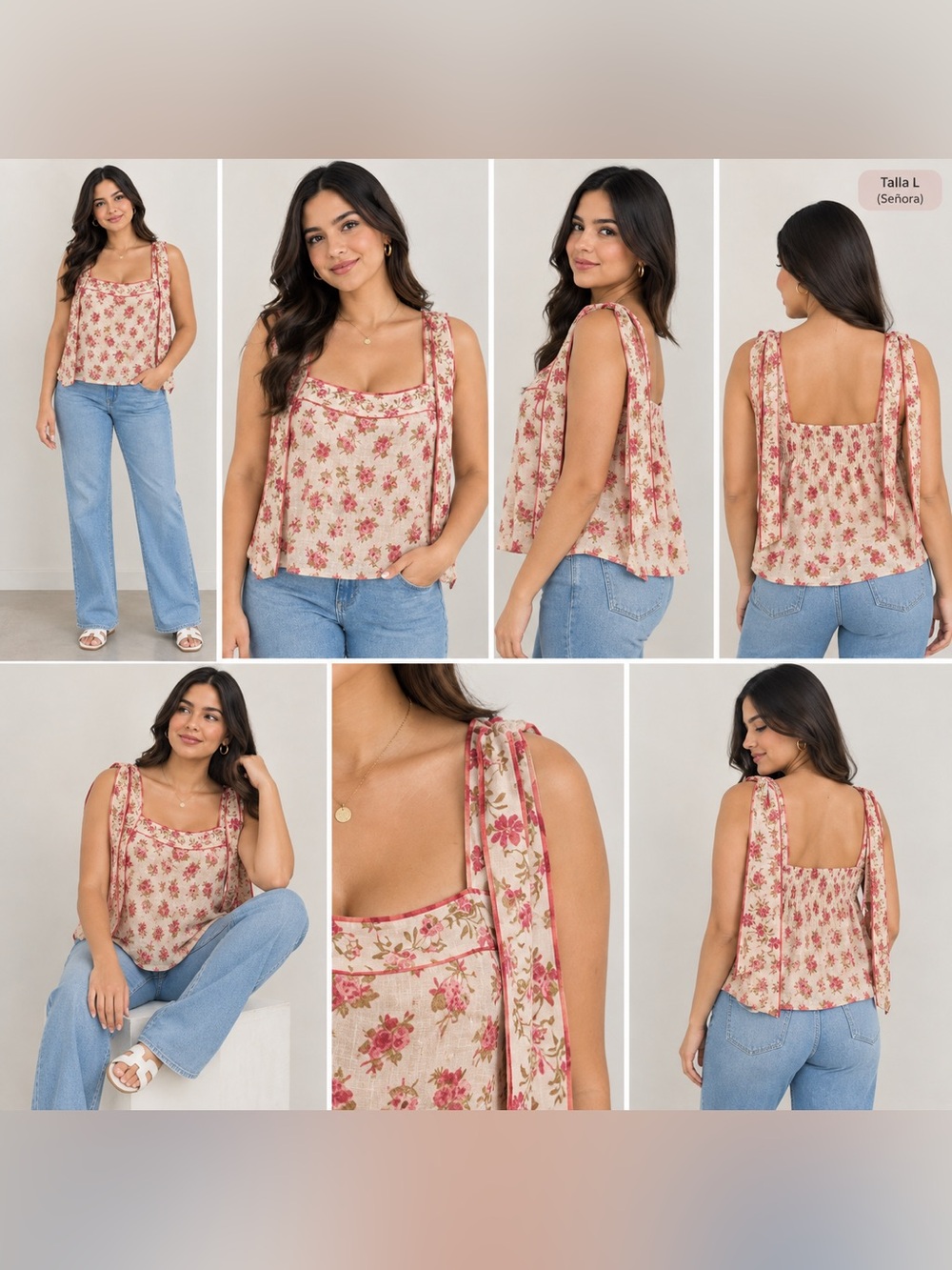 Rose & Olive Cream Floral Tie-Shoulder Crop Tank